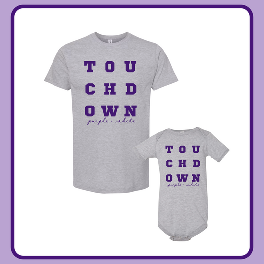 TOUCHDOWN PURPLE + WHITE— INFANT ONESIE + TODDLER/YOUTH TEE