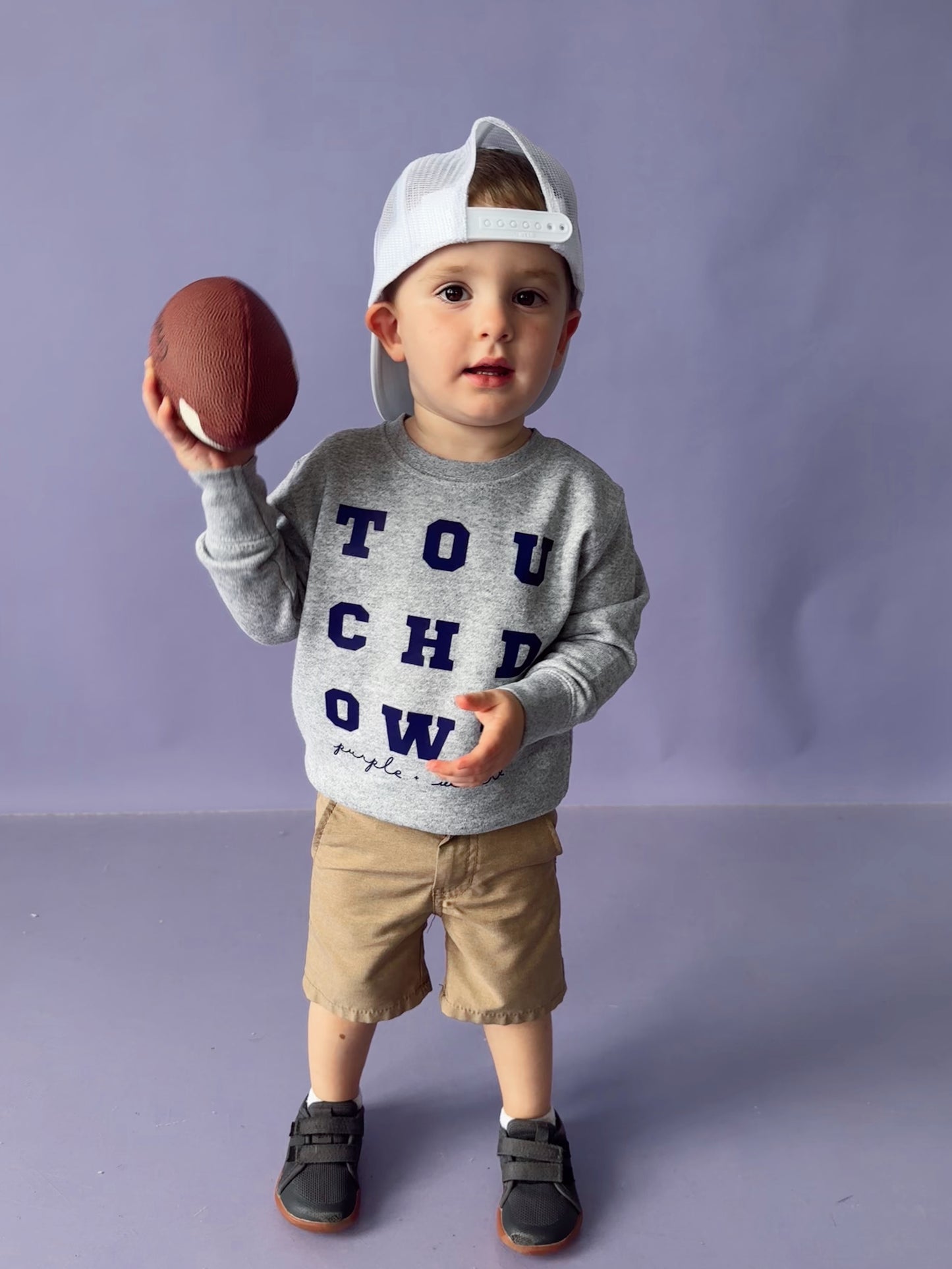 TOUCHDOWN PURPLE + WHITE— INFANT FLEECE JUMPSUIT + TODDLER/YOUTH CREWNECK