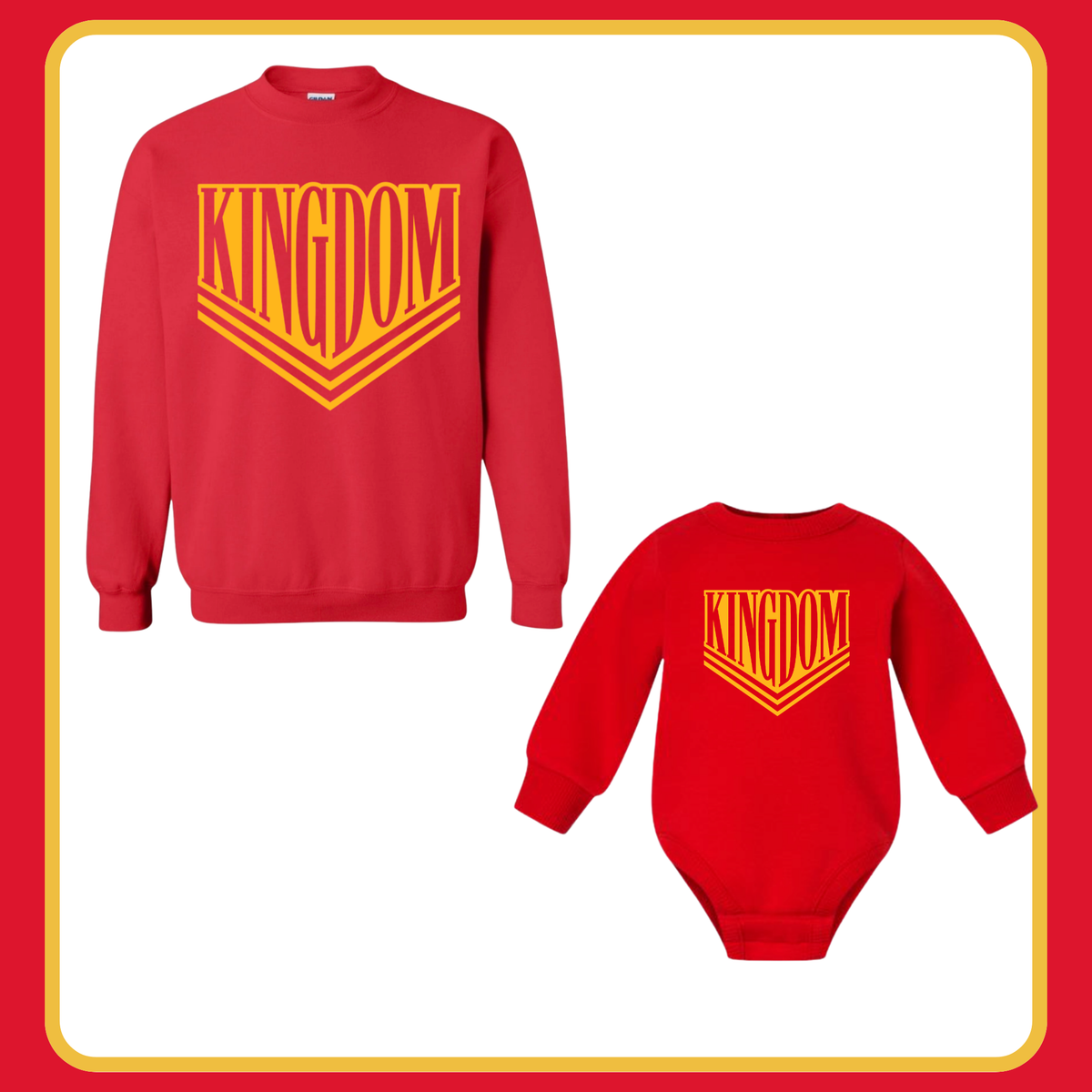 RED VARSITY KINGDOM-INFANT FLEECE ONESIE + TODDLER/YOUTH CREWNECK