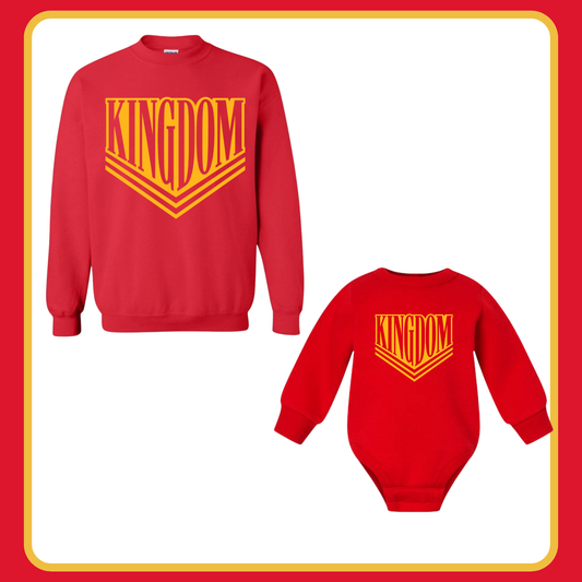 RED VARSITY KINGDOM-INFANT FLEECE ONESIE + TODDLER/YOUTH CREWNECK