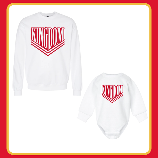 WHITE VARSITY KINGDOM- INFANT FLEECE ONESIE + TODDLER/YOUTH CREWNECK
