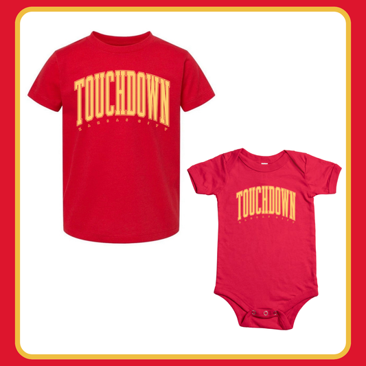 RED OVERSIZED TOUCHDOWN KC- INFANT ONESIE + TODDLER/YOUTH TEE