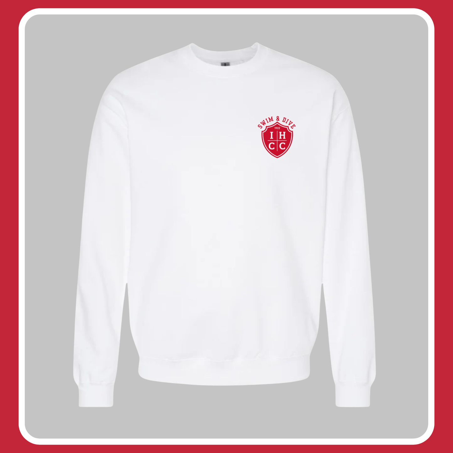 WHITE IHCC SWIM & DIVE SHIELD CREWNECK (LEFT CHEST)- YOUTH + ADULT