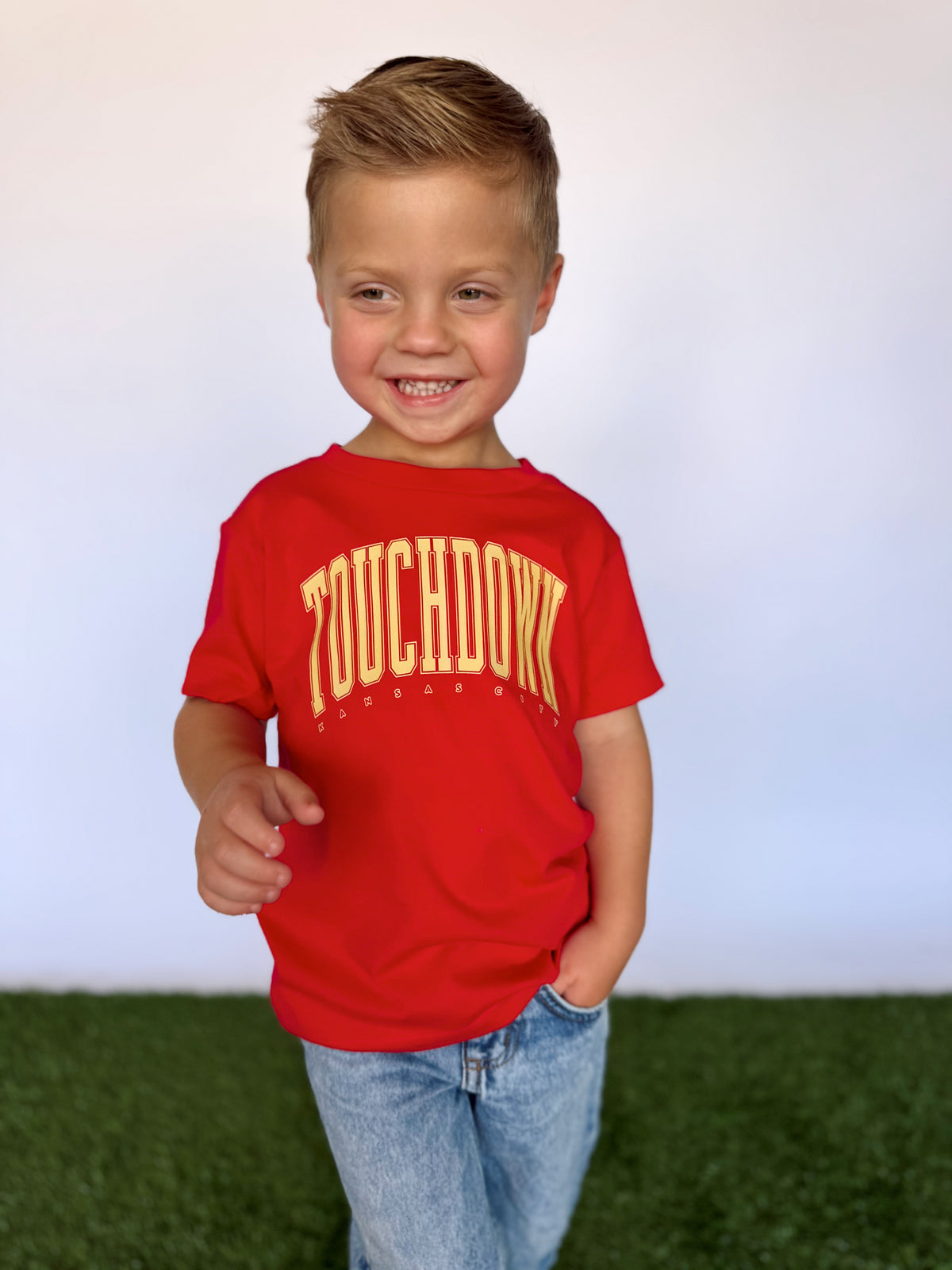 RED OVERSIZED TOUCHDOWN KC- INFANT ONESIE + TODDLER/YOUTH TEE