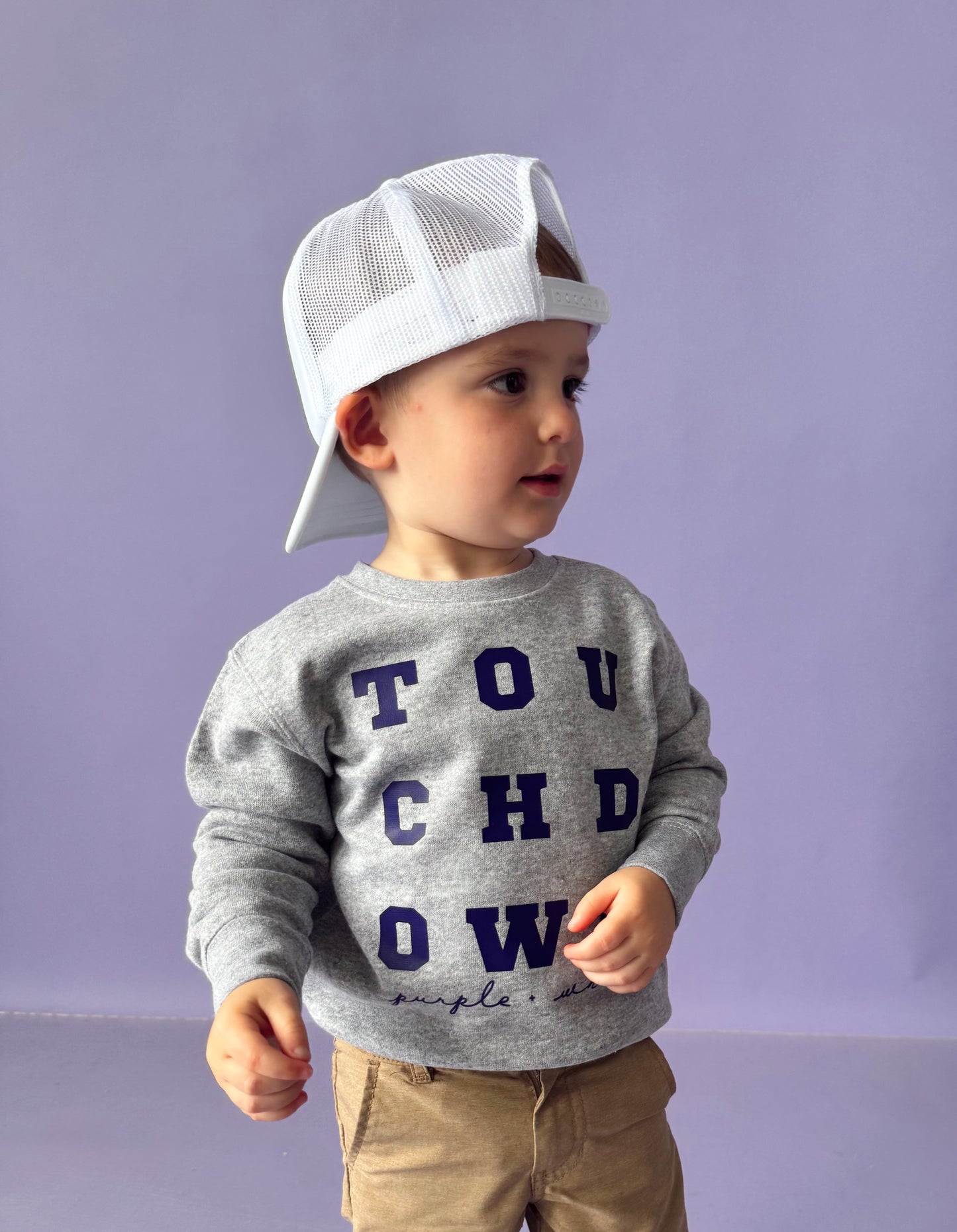 TOUCHDOWN PURPLE + WHITE— INFANT FLEECE JUMPSUIT + TODDLER/YOUTH CREWNECK
