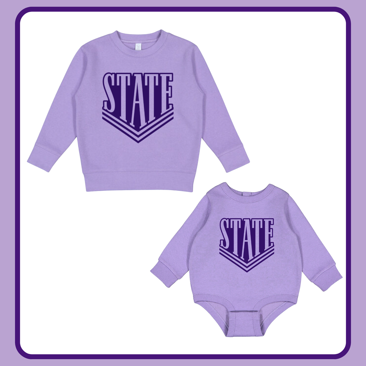 LAVENDER VARSITY STATE- INFANT FLEECE ONESIE + TODDLER/YOUTH CREWNECK