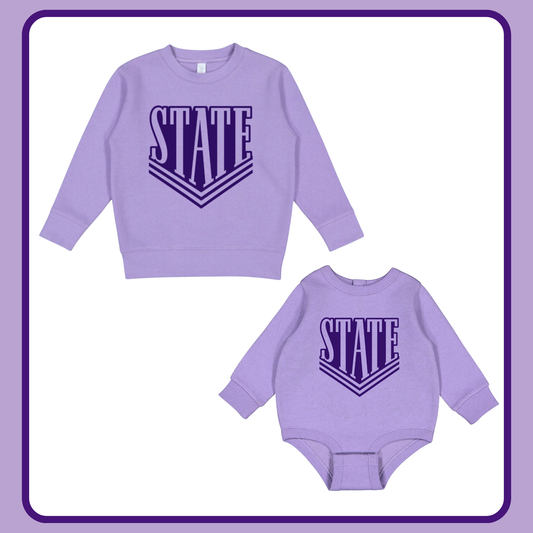 LAVENDER VARSITY STATE- INFANT FLEECE ONESIE + TODDLER/YOUTH CREWNECK