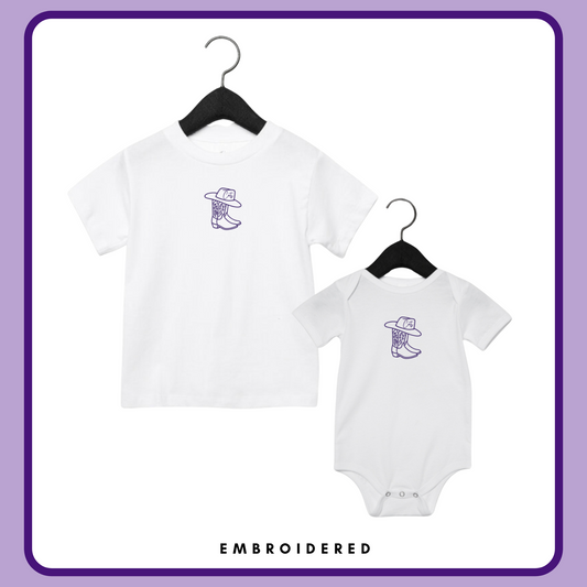 (PREORDER) COWGIRL CATS EMBROIDERED—INFANT ONESIE + TODDLER/YOUTH TEE