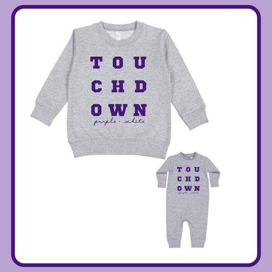 TOUCHDOWN PURPLE + WHITE— INFANT FLEECE JUMPSUIT + TODDLER/YOUTH CREWNECK