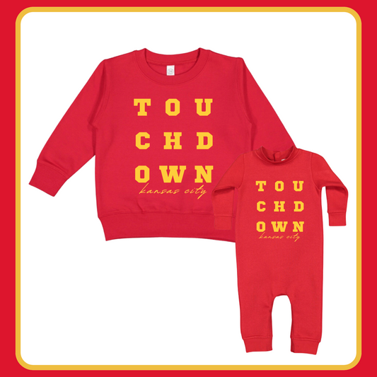 TOUCHDOWN KANSAS CITY— INFANT JUMPSUIT + TODDLER/ YOUTH CREWNECK