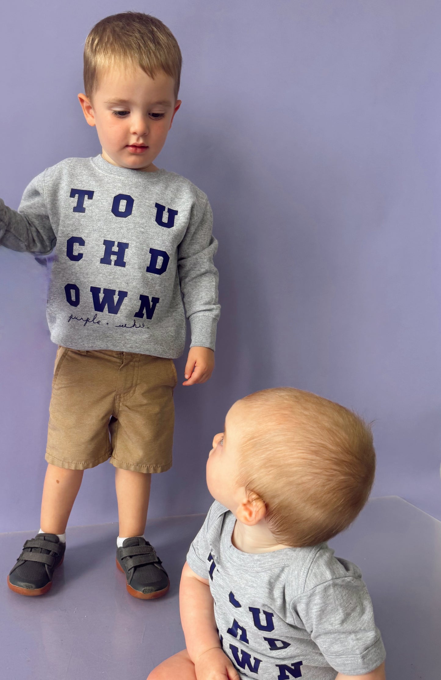 TOUCHDOWN PURPLE + WHITE— INFANT FLEECE JUMPSUIT + TODDLER/YOUTH CREWNECK