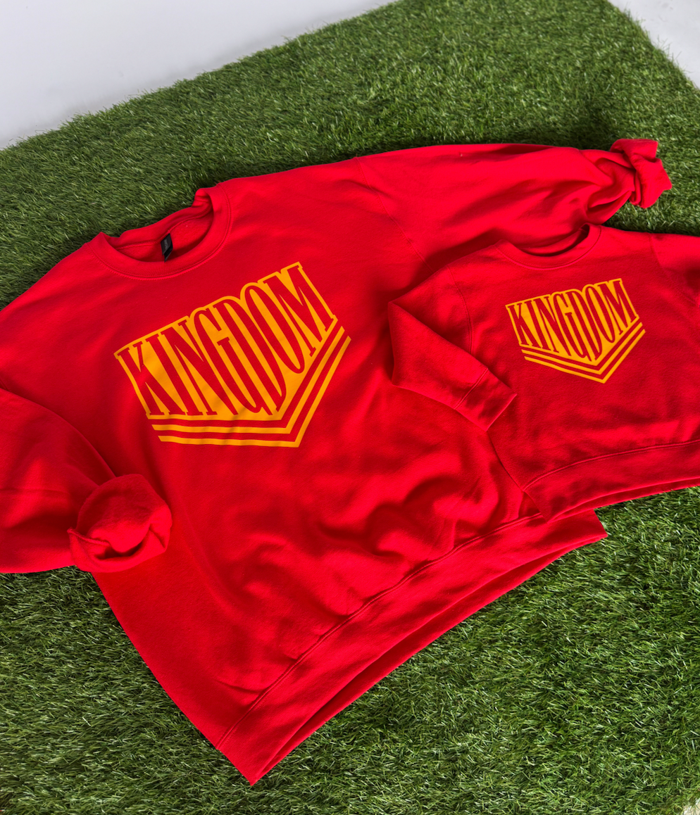 RED VARSITY KINGDOM-INFANT FLEECE ONESIE + TODDLER/YOUTH CREWNECK
