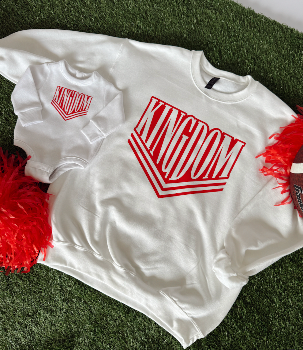 WHITE VARSITY KINGDOM- INFANT FLEECE ONESIE + TODDLER/YOUTH CREWNECK